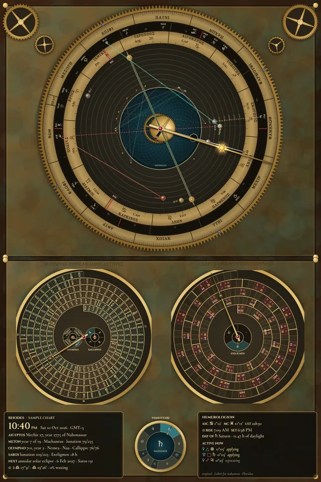 Antikythera movement: Egyptian calendar and zodiac rings with planet pointers above the Metonic and Saros spirals